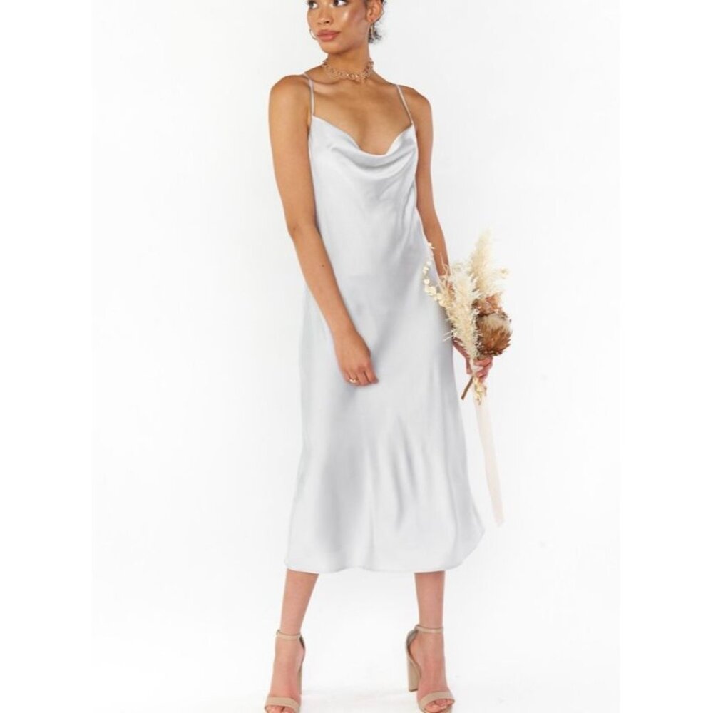 Show Me Your MuMu Verona Cowl Neck Dress Silver Luxe Satin Wedding Prom M NWT